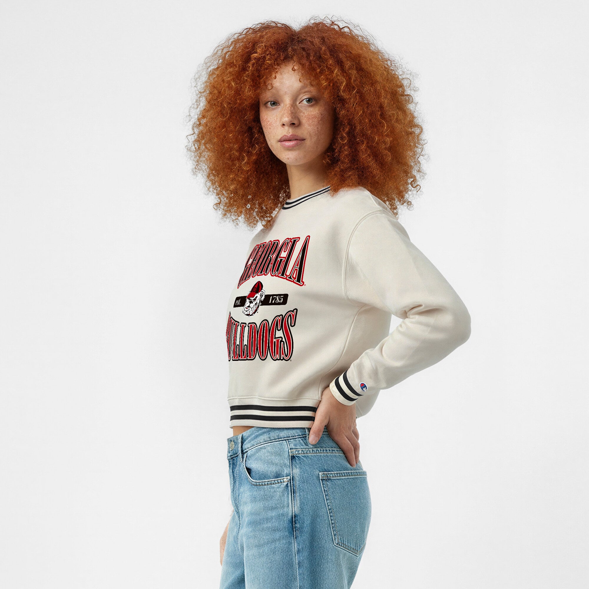 Women's Champion White Georgia Bulldogs Yarn Dye Rib Reverse Weave Crew Sweatshirt